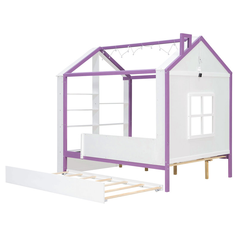 Cadre de lit cabane double avec lit gigogne, étagères de rangement à l'arrière et éclairage DEL, Mauve, Double
