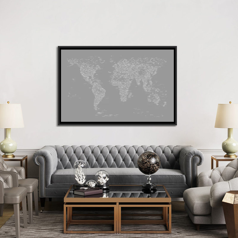 «Font World Map» par Michael Tompsett, impression sur toile tendue en gris, H 40 po x l 60 po x P 1,5 po, Pas de tapis