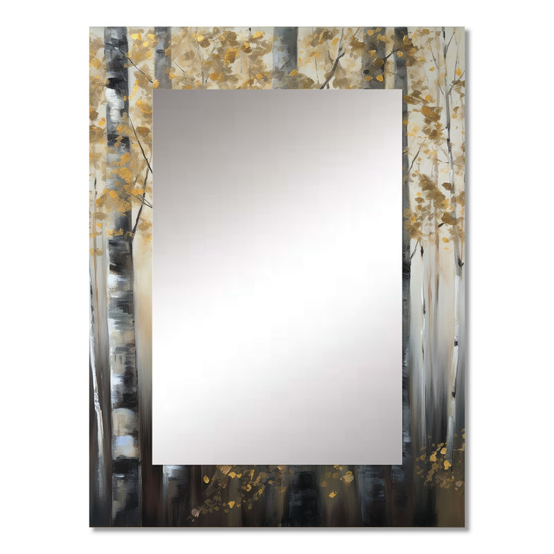Birch Tree Forest Wonderland V - miroir mural décoratif gris, reproduction d'art en métal, 32 po x 24 po
