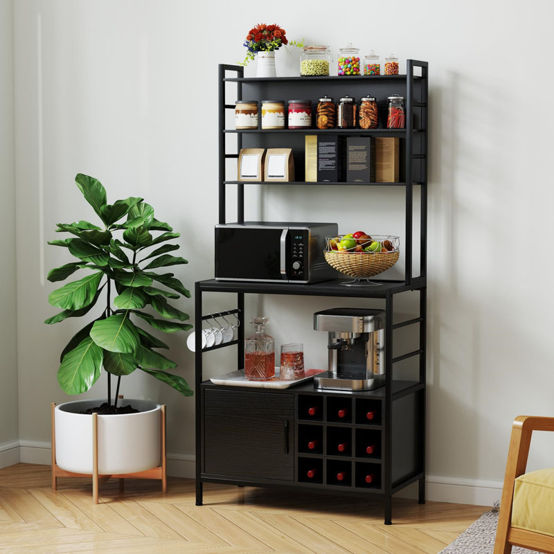 Baker’S Rack With Power Outlet, Metal Frame Microwave Stand With Wine Rack, Black