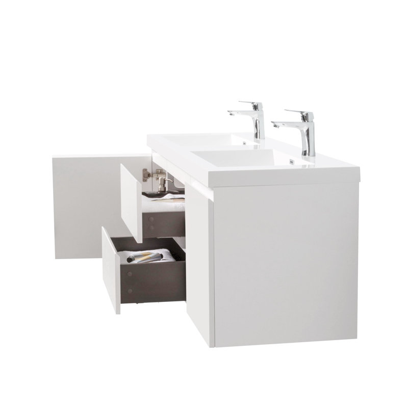 Carol-Ann 59'' Fully Assembled Wall Mounted Double Bathroom Vanity with Stone Resin Vanity Top, White, Glossy White