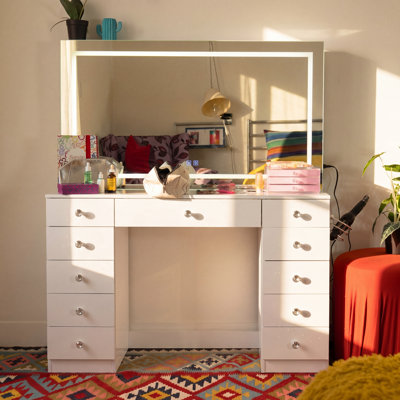 Boahaus Amelia Vanity Desk with LED Mirror –  Drawer Makeup Vanity Table Designed as a Complete Dressing Station with Integrated Power and Speakers