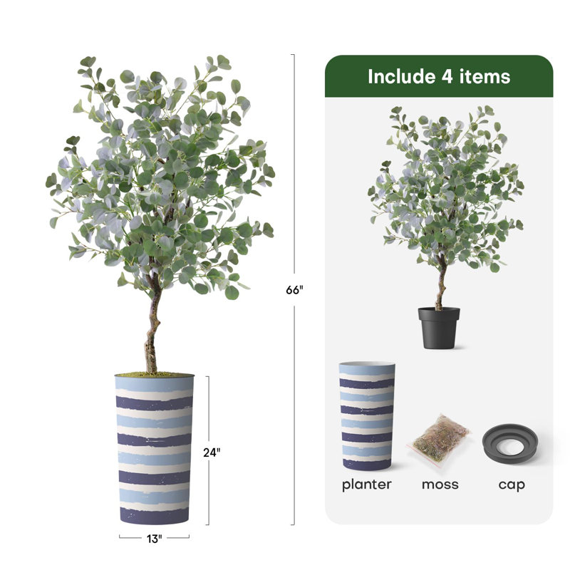 Arbre artificiel dans un pot de fleurs moderne, faux arbre en soie d'eucalyptus (décoration en pot et arbre), Bleu épais