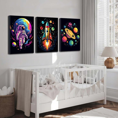 3Pcs Nursery Astronaut Canvas Wall Art Abstract Colorful Galaxy Spaceman Paintings Pictures Wall Decor Planets Cosmos Rocket Posters Prints Artwork For Room Kids Room Classroom Home Decoration