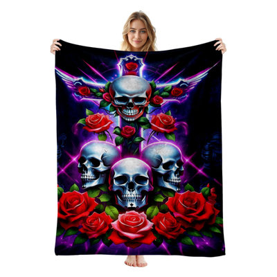 JYK Halloween Flannel Fleece Throw Blanket, Lightweight, Breathable, Soft Cozy Warm Plush Microfiber, 50"x60",  Skulls Roses Cross