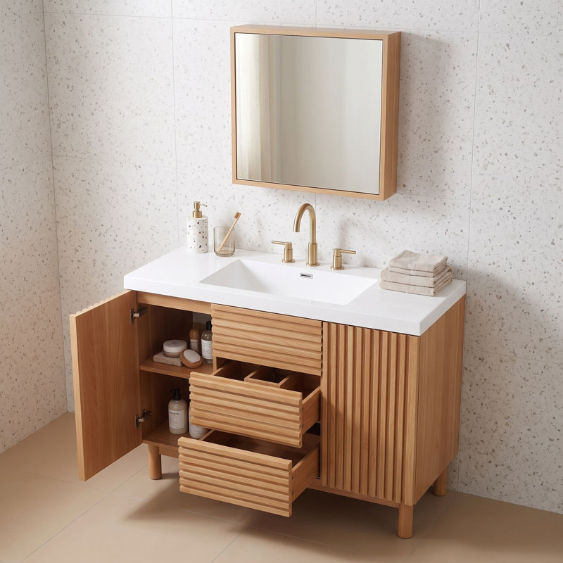 Meuble-lavabo moderne en grain de bois avec lavabo en résine, pied de support central réglable, portes et tiroirs à fermeture en douceur