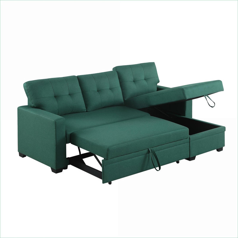Sectional Sofa with Pull-Out Sleeper &amp; Storage Chaise | Removable Cushions | Linen Sage Green, Green Chenille