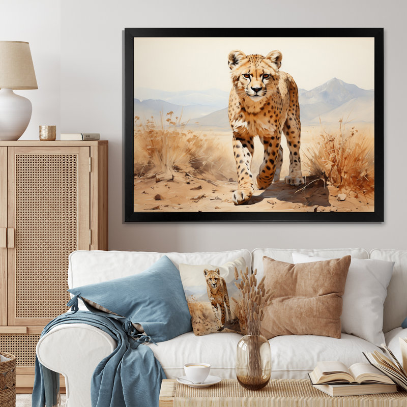 Guépard beige en Afrique - décoration murale africaine, H 34 po x l 44 po x P 1,5 po, Cadre photo noir