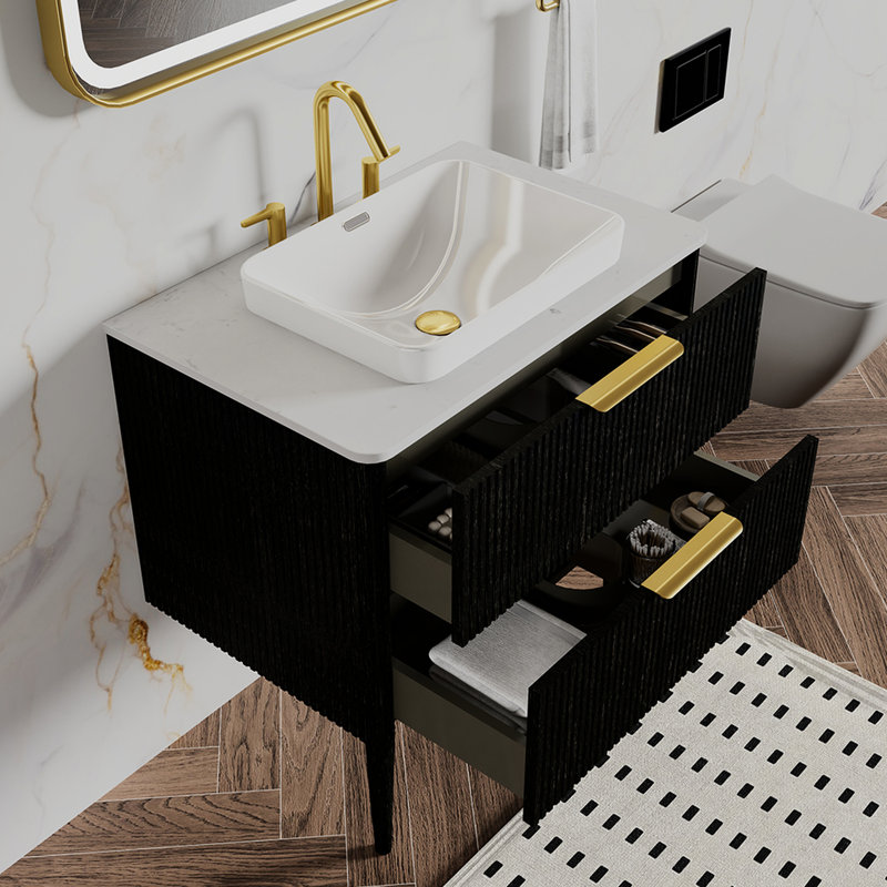 Armoire de salle de bain moderne autoportante ou murale en chêne noir rayé, coins arrondis, rangement à double tiroir, pieds en bois massif montables, tiroirs à fermeture en douceur