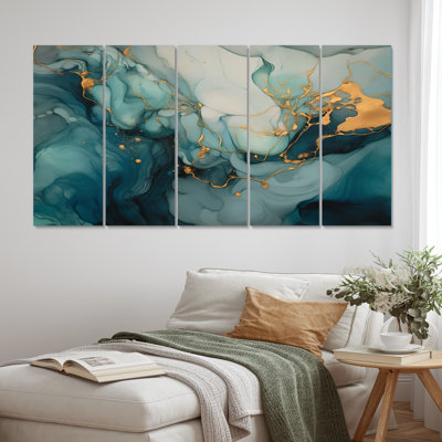 Turquoise doré infusé marbre I - art mural sur toile Fractals - 5 panneaux égaux