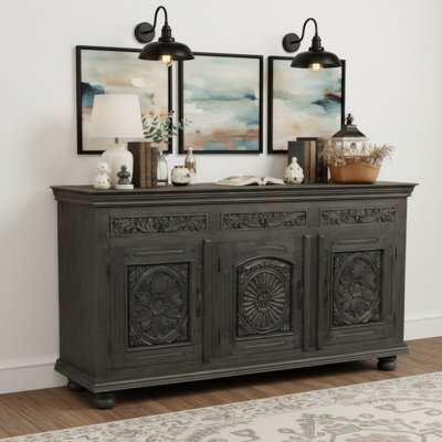 Hand-Carved Solid Wood Sideboard with 3 Drawers and 3 Doors