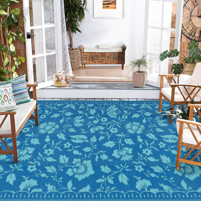 Waterproof Reversible Outdoor Rug – UV Resistant Plastic Straw Carpet – Lightweight & Collapsible for Patio, Deck, RV, Camping or Backyard – Floral Print