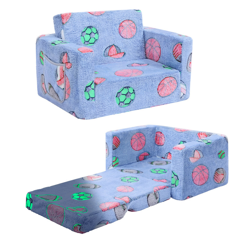 Amilee Kids Couch Sofa, Folding Toddler Couch, Blue Footballs, 16" H x 23.6" W x 17" D