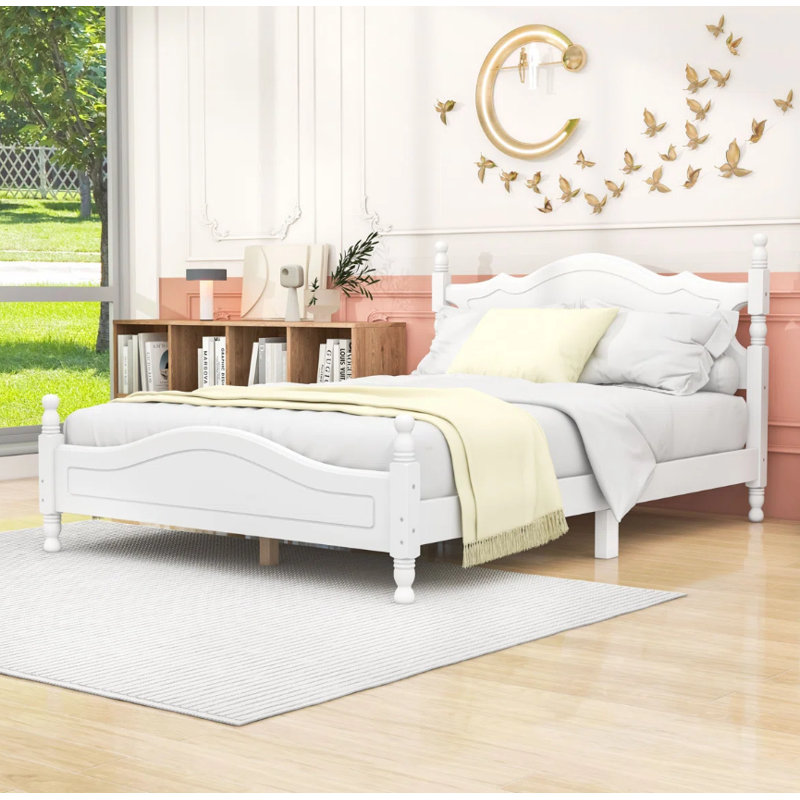 Lit plateforme en bois avec tête de lit décorative, Blanc, Double