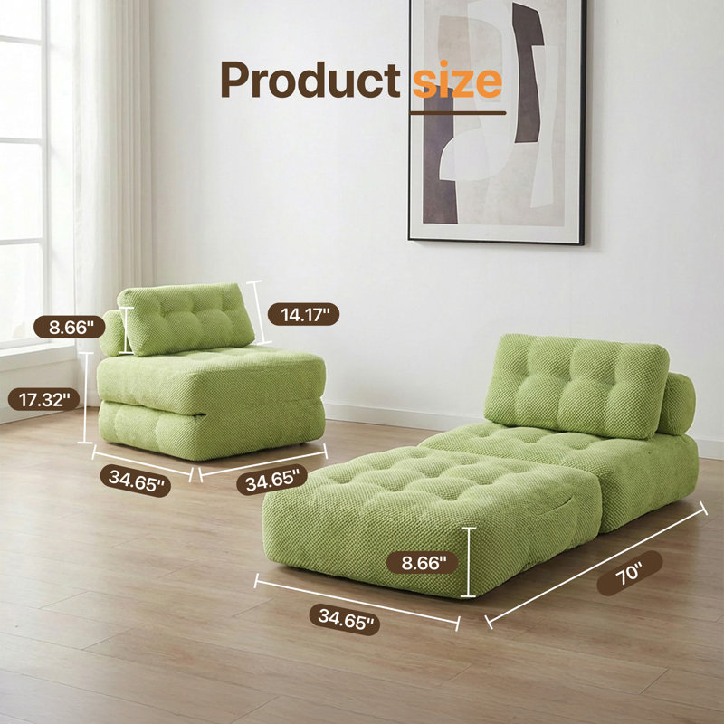 Canapé-lit pliable moderne avec coussins 35 po avec velours côtelé, S, Vert