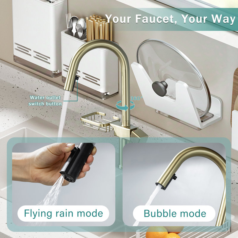 High Arc Pull - Down Kitchen Faucet Of Single Hole Stainless Steel In Brushed Gold, Offering Dual Function , 360 Rotation, Quick Diy Setup, Drip Ceramic Cartridge, And Built Storage For Various