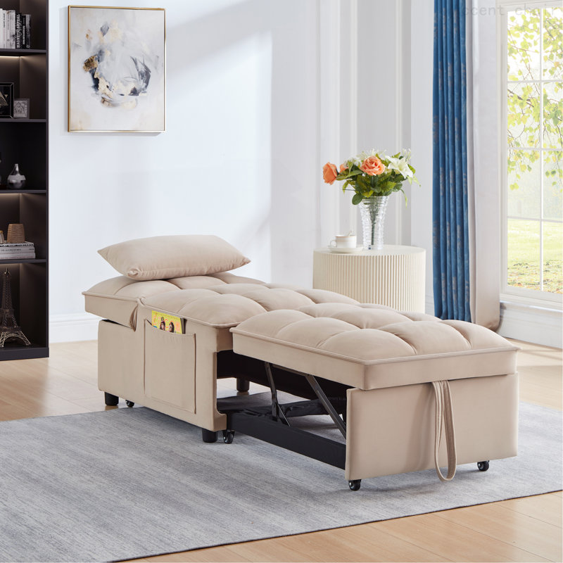 4 in1 Multi-Function Single Sofa Bed with Storage Pockets,Convertible  Chaise Lounge, Beige Velvet