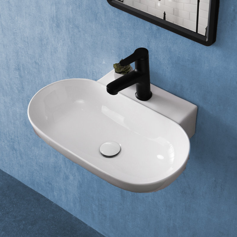 Lavabo de salle de bain mural ovale en céramique blanche
