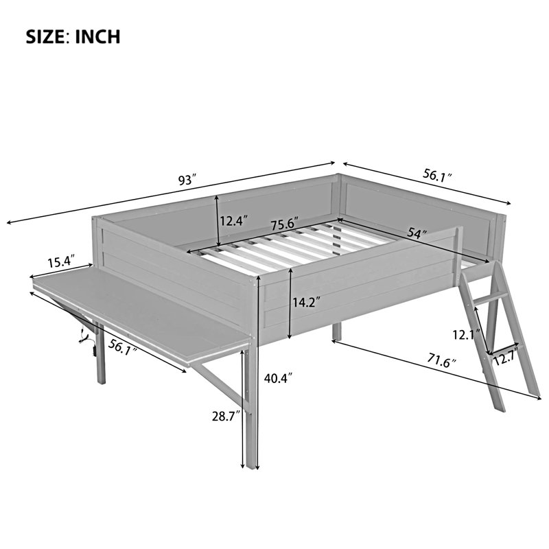 Lit mezzanine en bois avec bureau et DEL, Complet/Double
