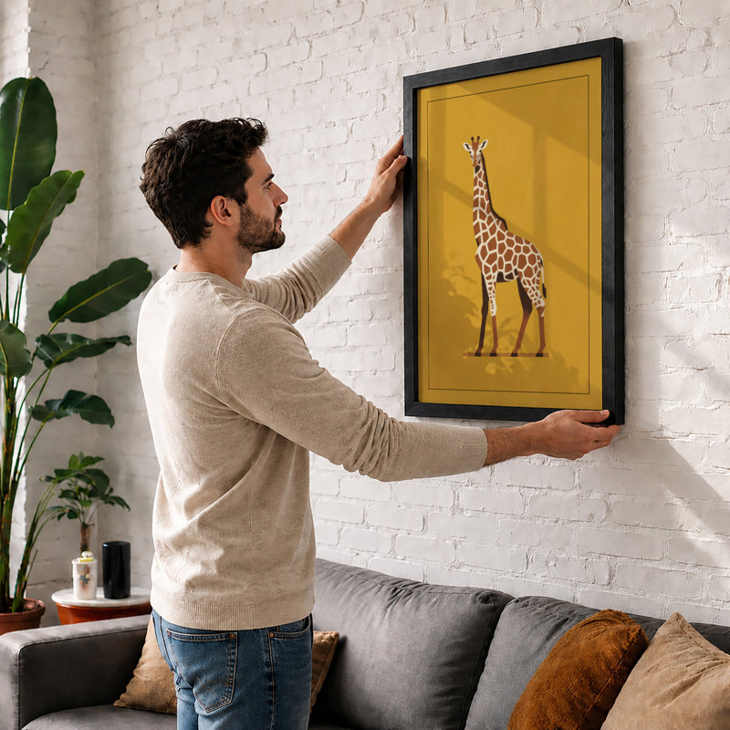 Standing Giraffe Modern - Framed Print, A2 - 59.4 x 42.0 cm, Walnut