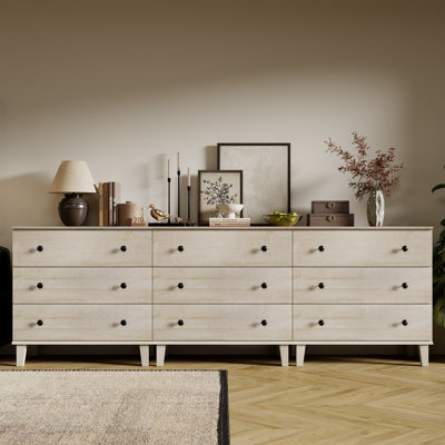 Commode avec 9 tiroirs, commode moderne avec pieds en bois massif et commode avec armoire de rangement pour salon, chambre de bébé, chambre de bébé, chêne beige