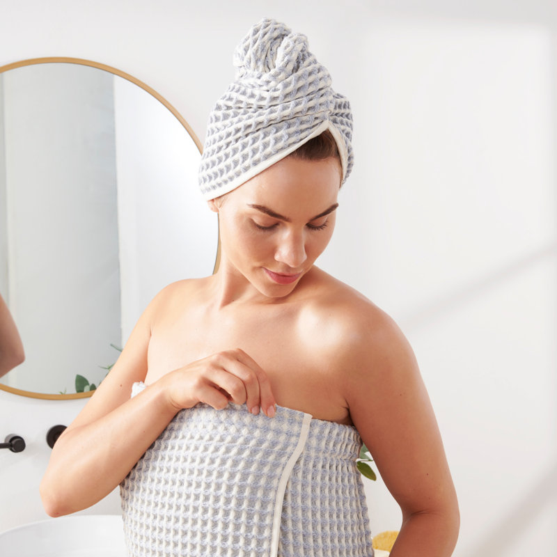 Ensemble d'enveloppement corporel et d'enveloppement pour cheveux en coton non blanchi teint en Daffy, Bleu