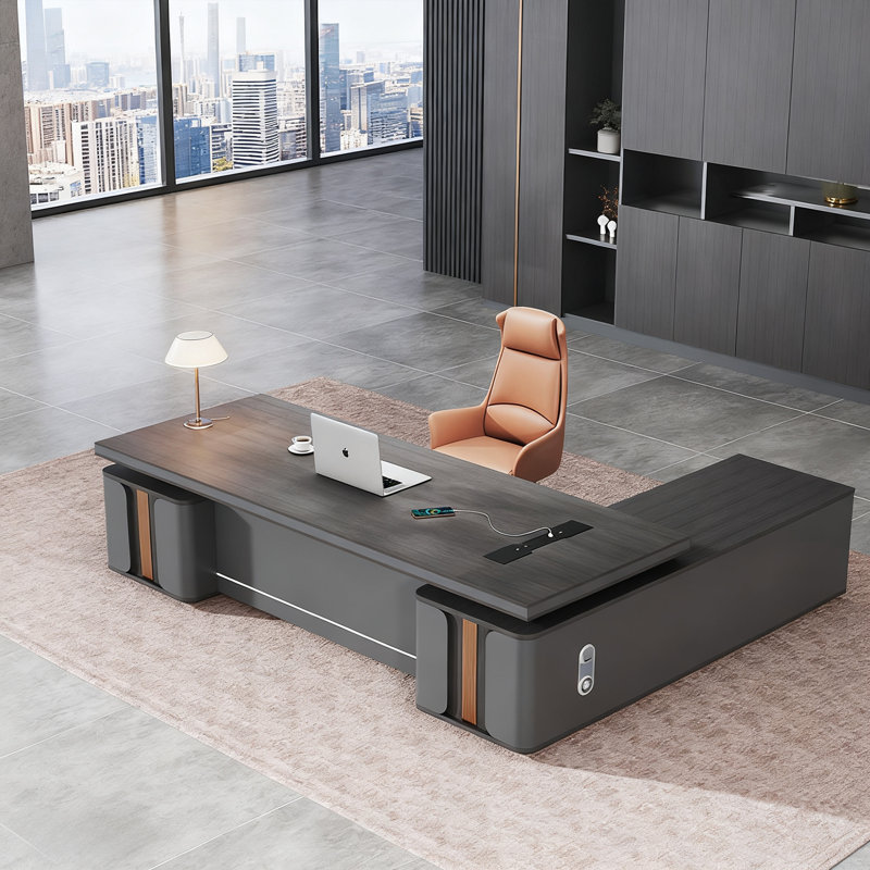 Bureau de direction moderne en L gris foncé minimaliste avec grand rangement et multiprise intégrée, bureau de direction et de direction de qualité supérieure