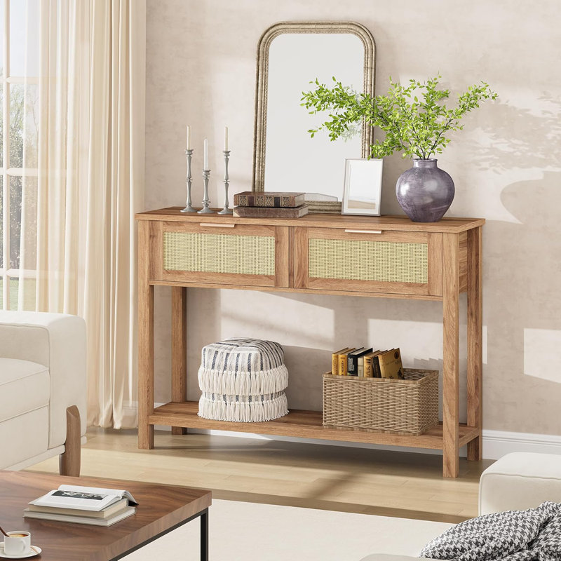 Zayer Rattan Entryway Table, 43" Console Table with Drawers, 2 Tier Sofa Table with Storage, Wooden Console Table for Entryway