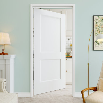 Porte intérieure pré-suspendue à 2 panneaux 32 po x 80 po avec charnières argentées, finition blanche et peinturable, durable et imperméable, combinaison pour la lessive, portes de placard, portes de pièce, gauche