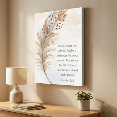 «Under His Wings», aquarelle, plume, psaume 91, toile tendue - 24 po x 36 po x 1 po