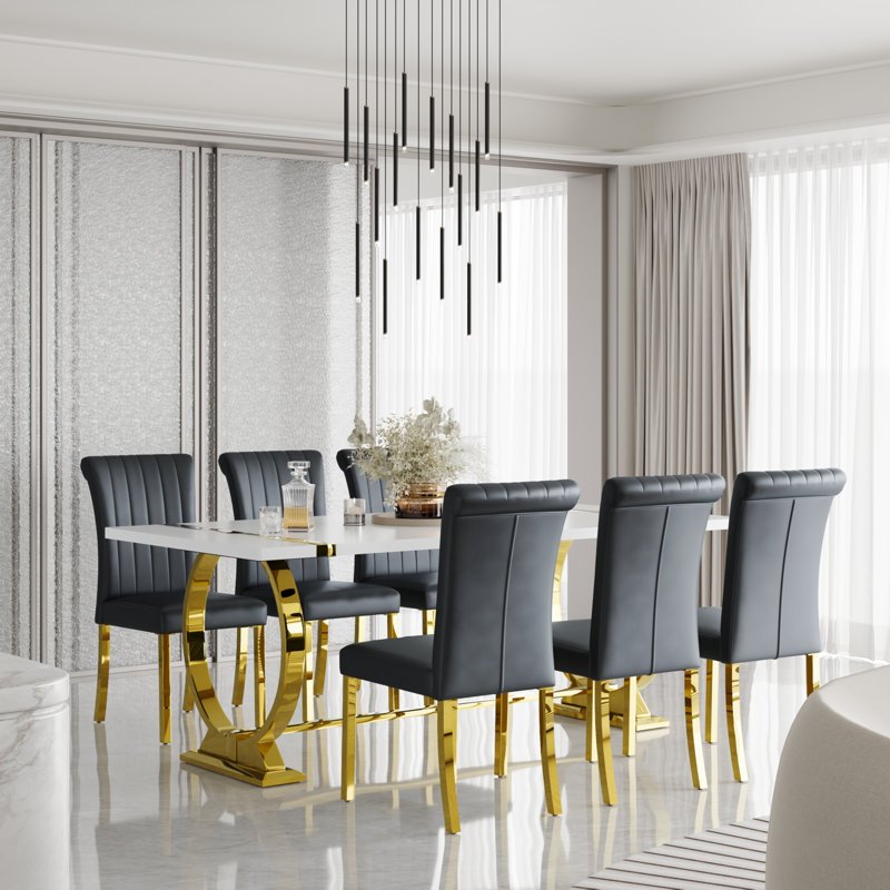 Ensemble de table de salle à manger 7 pièces Glam Gold avec 6 chaises en cuir noir et or, 7 pièces: table, 6 chaises, Noir