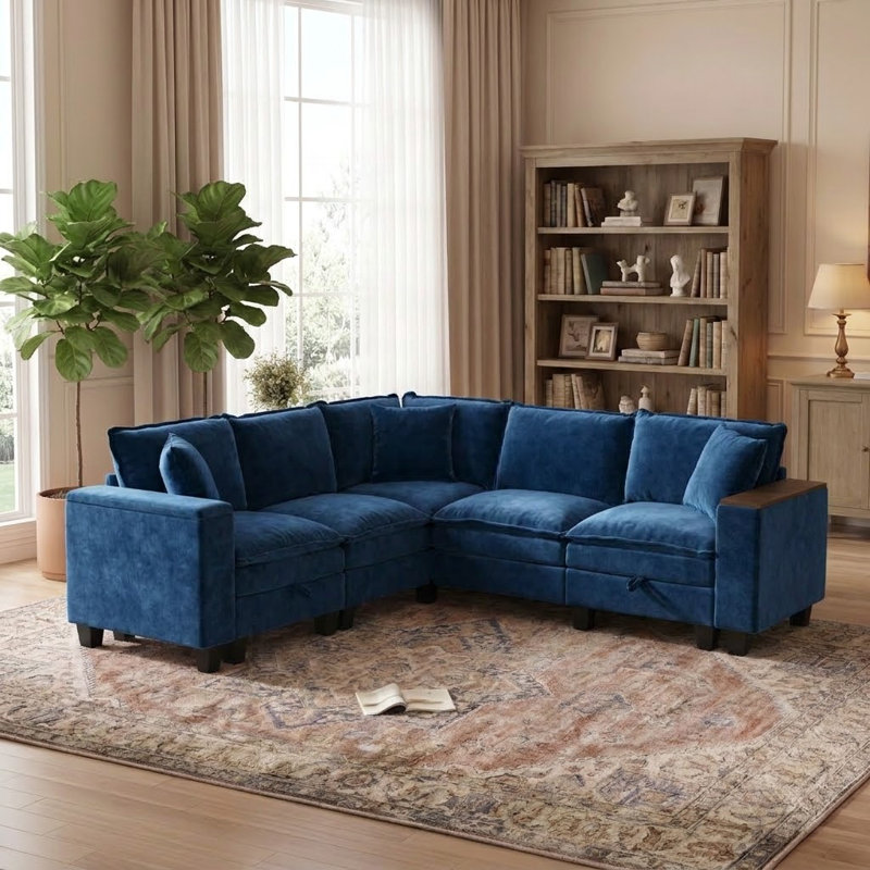 Canapé d'angle en L 5 places de 229 cm (90 po) avec accoudoirs de rangement, canapé moderne Cloud en tissu chenille, canapé d'angle confortable à assise profonde avec rangement intégré, 3 coussins décoratifs, bleu