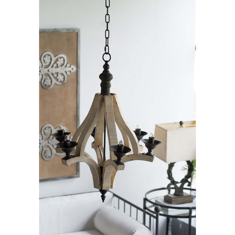 Lustre en bois 6 lumières, luminaire suspendu avec chaîne réglable pour le vestibule de la salle à manger de la cuisine, ampoule non incluse