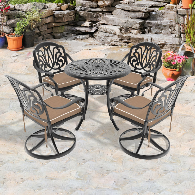 Ensemble de salle à manger 5 pièces en aluminium coulé résistant aux intempéries, comprenant 4 chaises pivotantes et une table ronde de 30,71 po avec cadre