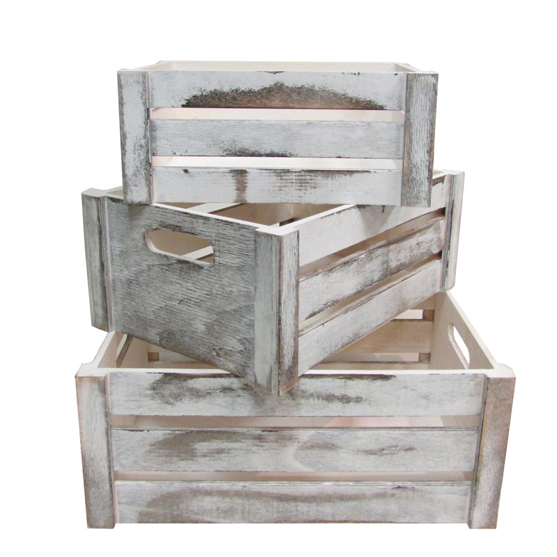 Ensemble de 3 caisses en bois manufacturé, Blanc rustique vieilli