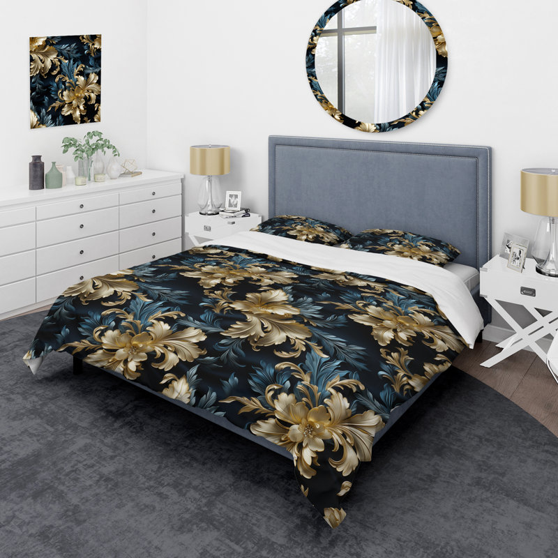 Bleu foncé et doré Techno Damask Realm - Ensemble de housse de couette damassé - Microfibre de polyester