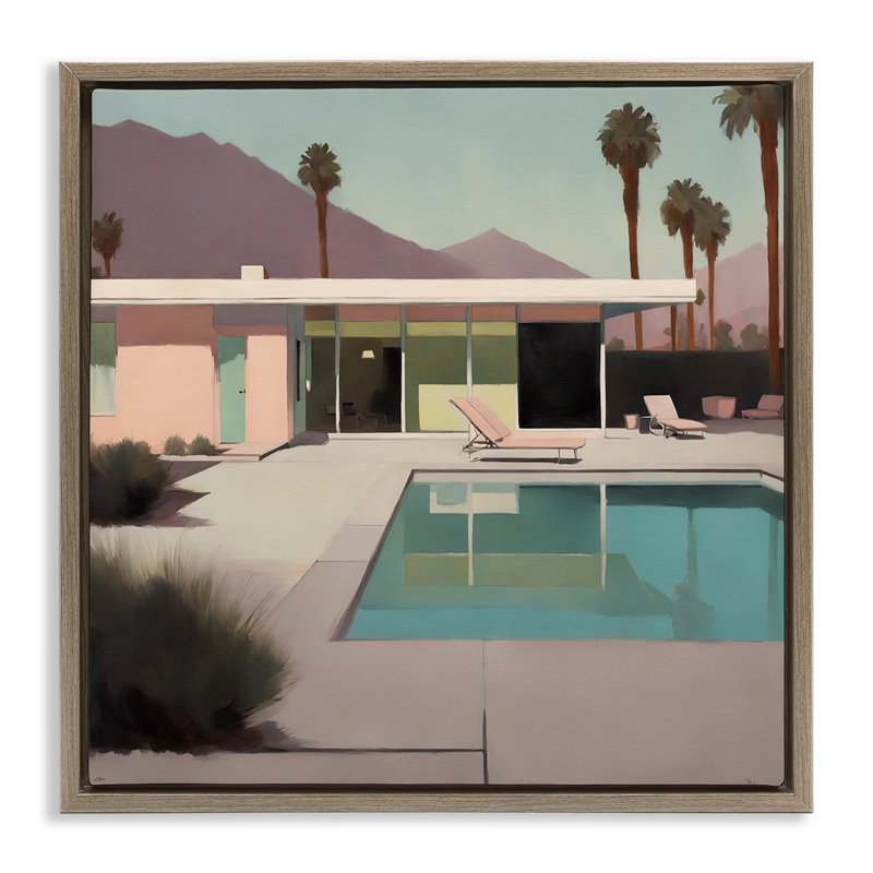 Art mural sur toile flottante californienne vue de piscine par Noah Bay, Cadre flottant orme Montalcino, H 18 po x l 18 po
