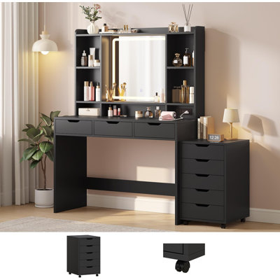 Makeup Vanity with 3-Color LED Touch Mirror, Built-in Charging Station with USB & AC Outlet, Storage Drawers, Adjustable Open Shelves, Rolling Cabinet for Bedroom, Black