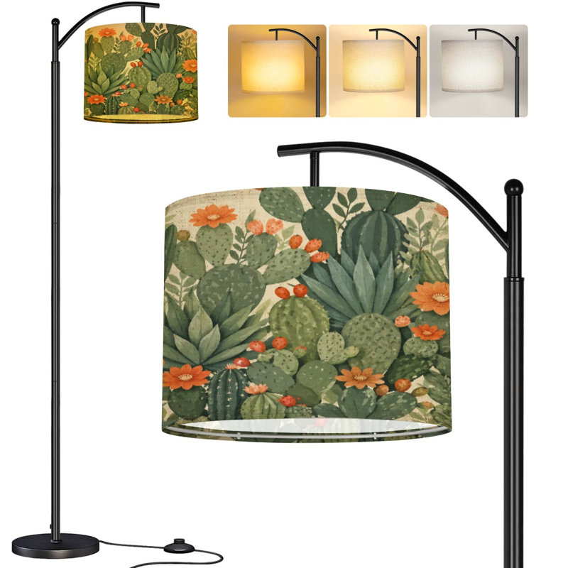  Lampe sur pied Arc succulente cactus vert fleurs orange transparente plage crème haute lampe sur pied moderne abat-jour réglable en lin 3 températures de couleur