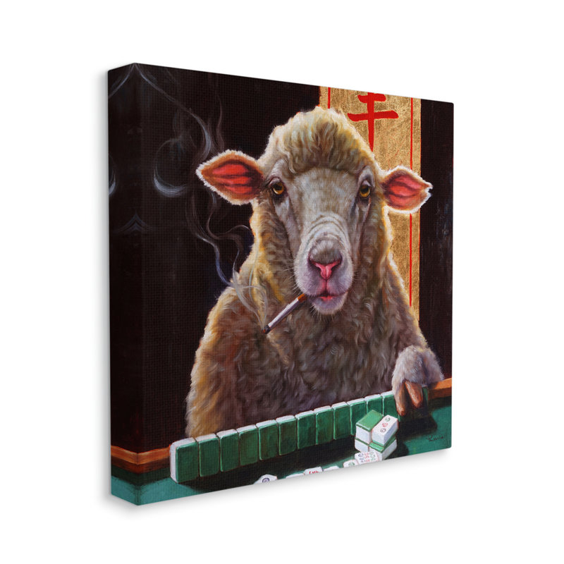 Moutons jouant au jeu de tuiles de mahjong, animal fumant par Lucia Heffernan, L 17 po x H 17 po, Toile tendue