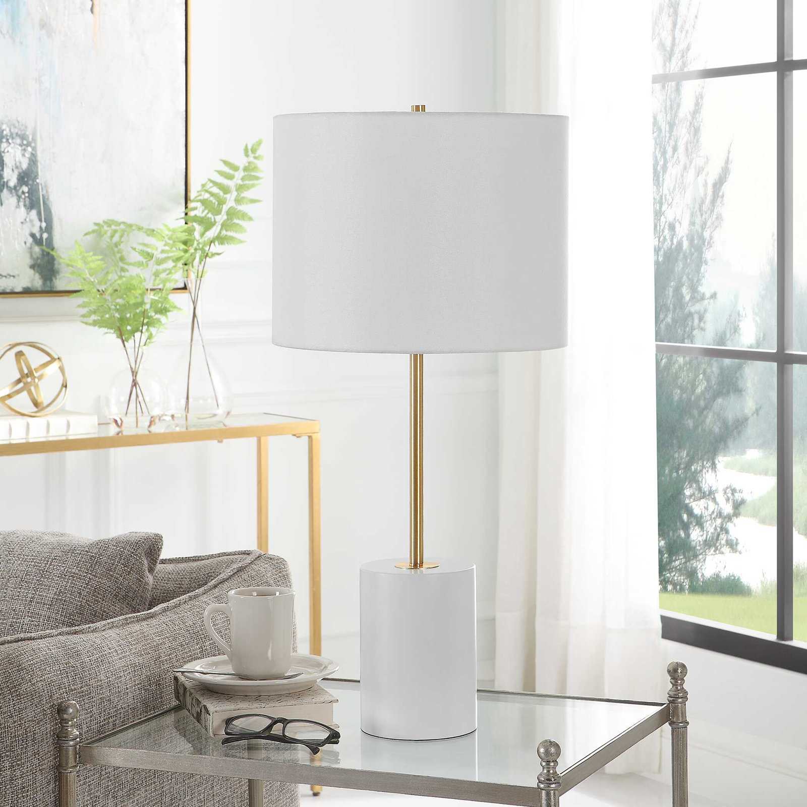 Clyve Metal Table Lamp, White/Gold