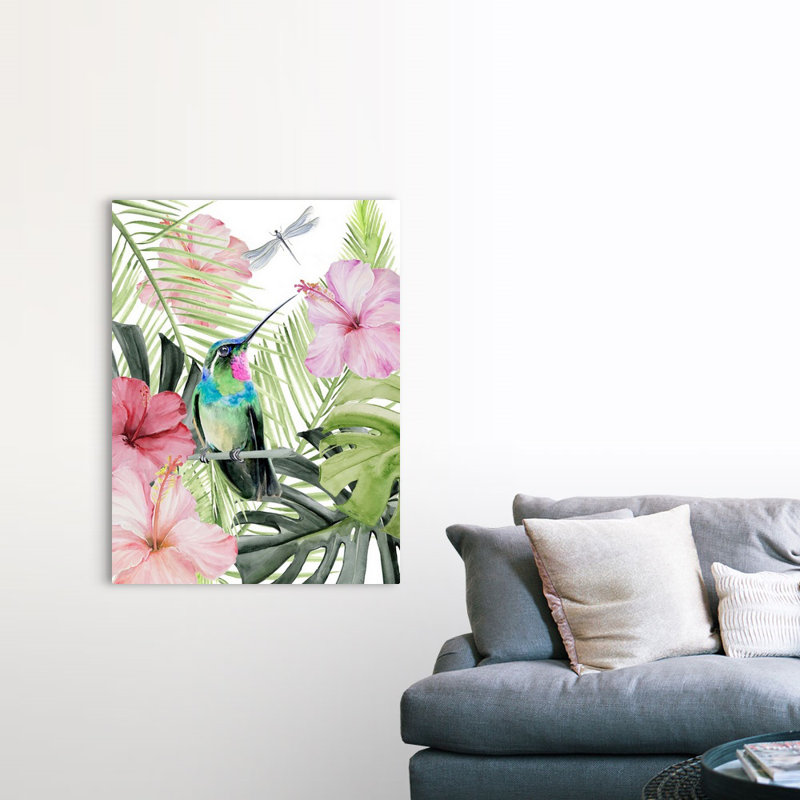 Art mural sur toile Hibiscus & Hummingbird II, H 32 po x l 24 po x P 1,75 po, Toile avec cadre blanc
