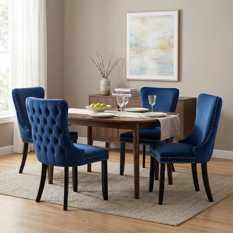 Meritxell Tufted Velvet Upholstered Back Parsons Chair Dining Chair(Set of 2), 4, Blue, Black