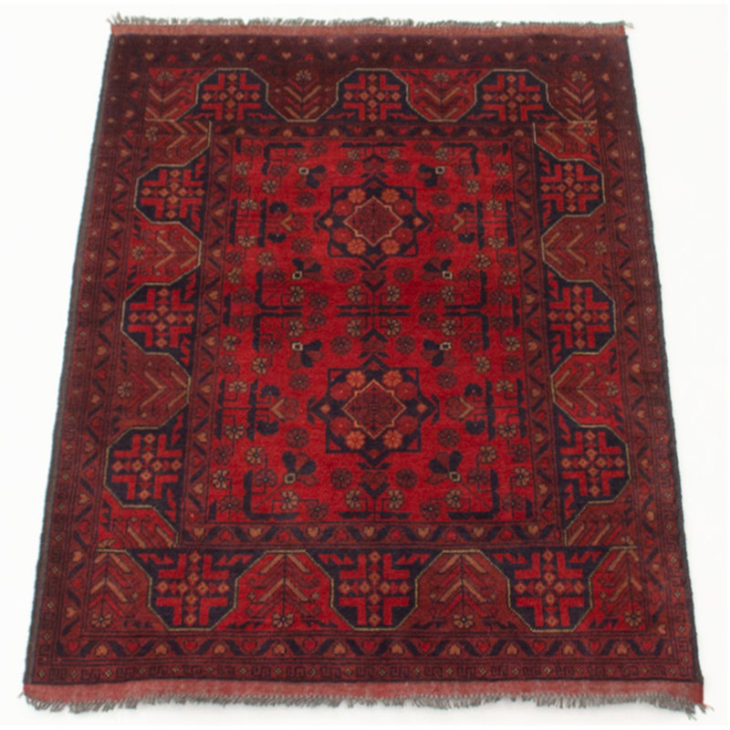 Tapis rouge / noir en laine noué à la main de conception unique 3 pi 5 po x 4 pi 11 po Folashade
