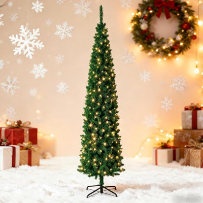 9FT Green Pencil Christmas Tree, PVC Auto-Spread Tips, Slim Space-Saving Tree for Parties