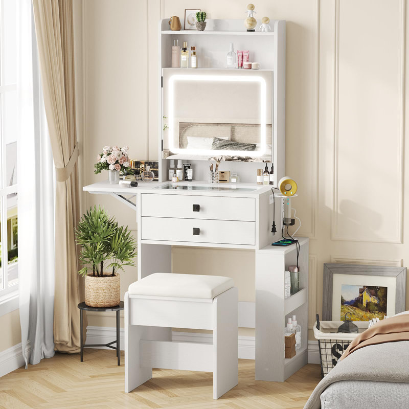 Small Makeup Vanity Desk With 3 Adjustable Lighted Mirror, White