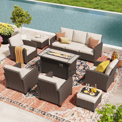 7- Person Outdoor Wicker Sectional Seating Group with Fire Pit Table and Cushions