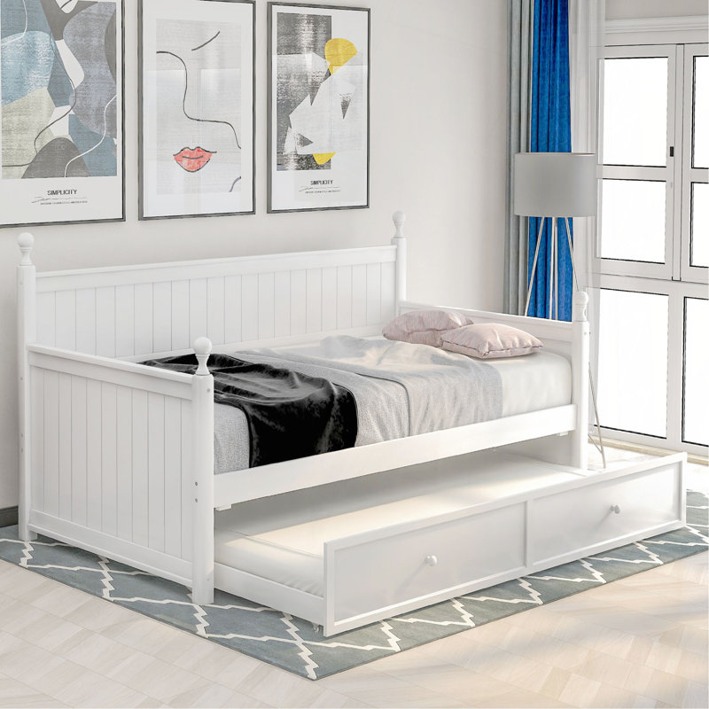 Lit de jour simple en bois avec lit gigogne simple (blanc)