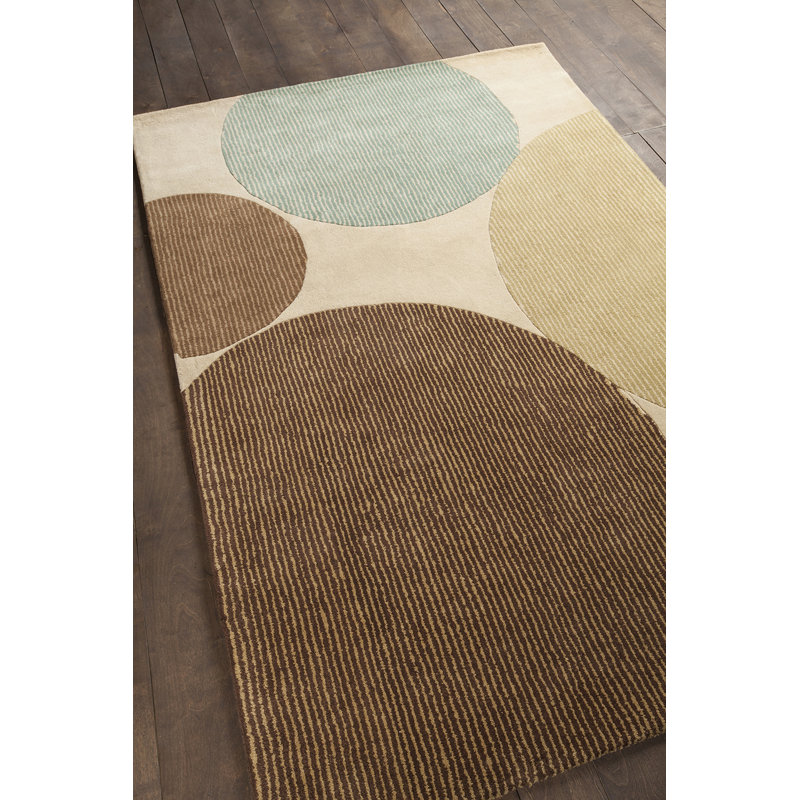Tapis intérieur en laine beige à motif géométrique touffeté à la main Stickel, Rectangle 5 pi x 7 pi 6 po
