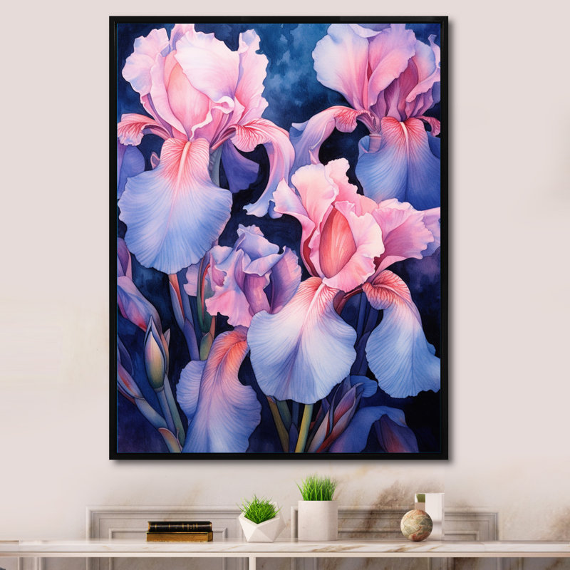 «Pink Blue Iris Petals I», reproduction sur toile, 20" H x 12" W, Gold Picture Framed